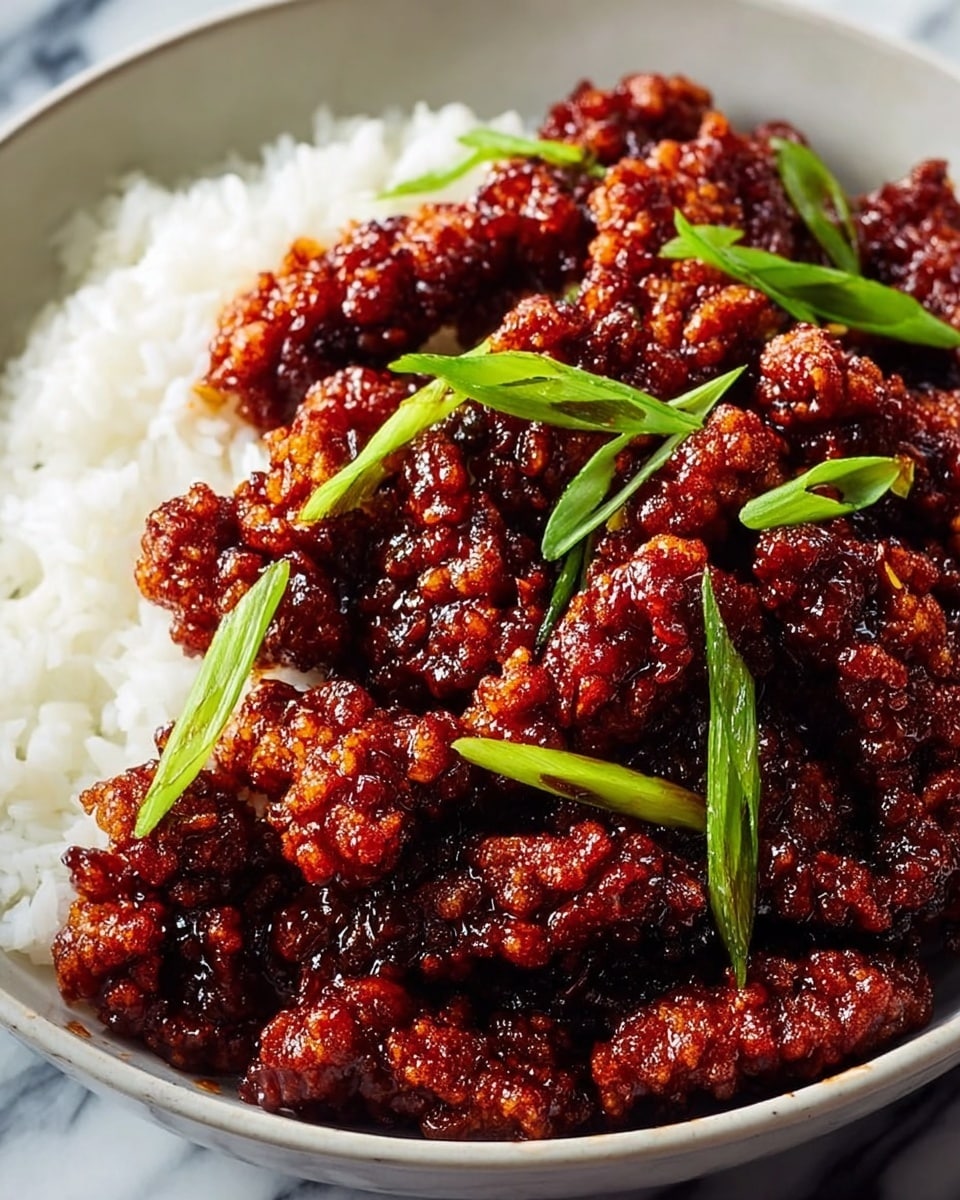 A round white bowl filled with two layers, the bottom layer is white steamed rice with a soft, fluffy texture, and the top layer is crispy fried chicken pieces coated in a thick, shiny dark reddish-brown sauce, garnished with fresh green onion slices cut diagonally, giving a mix of crunchy and saucy textures. The bowl sits on a white marbled surface. Photo taken with an iphone --ar 4:5 --v 7