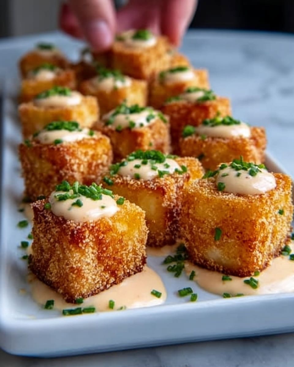 The image shows a white rectangular plate filled with golden brown, crispy cubes of fried tofu, each piece topped with a small dollop of creamy light beige sauce and sprinkled with tiny green herbs. The tofu cubes have a crunchy textured coating and are neatly arranged in rows, with a white marbled surface underneath. The photo taken with an iphone --ar 4:5 --v 7