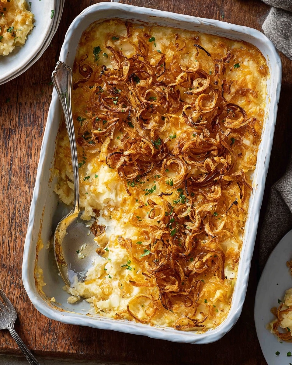 A rectangular white baking dish holds a creamy, pale yellow potato casserole with a soft and slightly chunky texture topped with thin, crispy, golden-brown fried onion rings scattered unevenly across the surface. The casserole is partially scooped out from one corner with a silver spoon showing the layers of tender cooked potatoes mixed with melted cheese underneath the crispy onion topping. The dish is placed on a white marbled textured surface next to a dark plate with a serving of the casserole. Small green herb sprinkles add a touch of color on top of the casserole. Photo taken with an iphone --ar 4:5 --v 7
