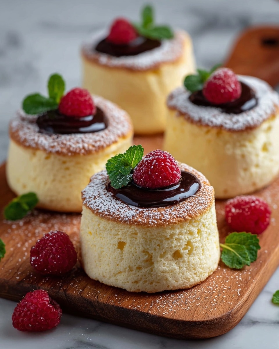 The image shows four fluffy, round Japanese soufflé pancakes arranged on a wooden board against a white marbled texture background. Each pancake has a light golden brown top, dusted with a thin layer of white powdered sugar. On each pancake's top center is a glossy layer of dark chocolate sauce, crowned with two fresh red raspberries and a small sprig of bright green mint leaves. One extra raspberry lies on the wooden board near the front pancake, which is slightly in focus, highlighting its soft, airy texture and pale yellow color. photo taken with an iphone --ar 4:5 --v 7