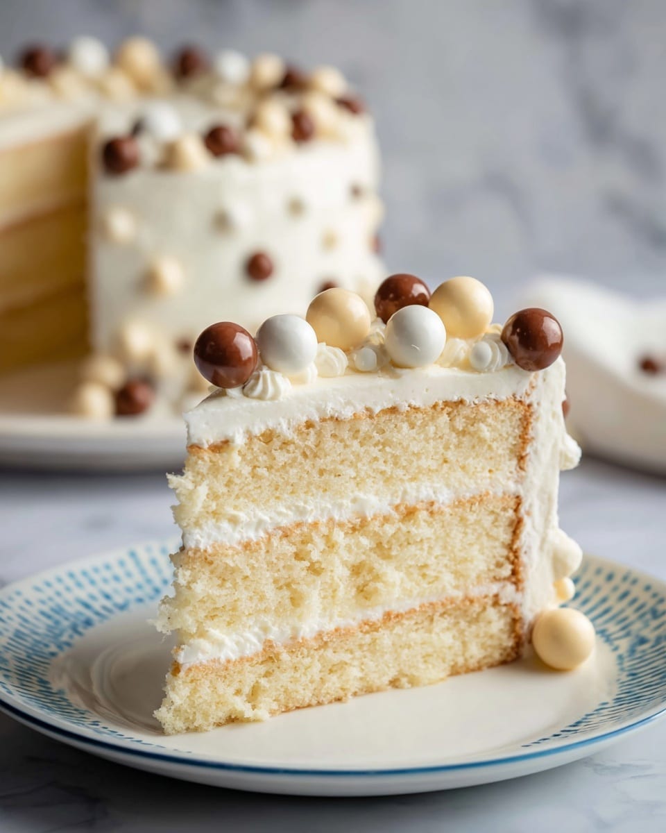 A slice of three-layer white cake sits on a white plate with a blue rim. Each layer of the cake has light, fluffy white sponge separated by thin layers of smooth white frosting. The top of the cake slice is covered with a thick layer of white frosting, decorated with small round chocolate balls in beige, dark brown, and white, arranged along the edge. The background shows a white marbled surface with a blurred, entire cake on a white plate with a white rim. Photo taken with an iphone --ar 4:5 --v 7