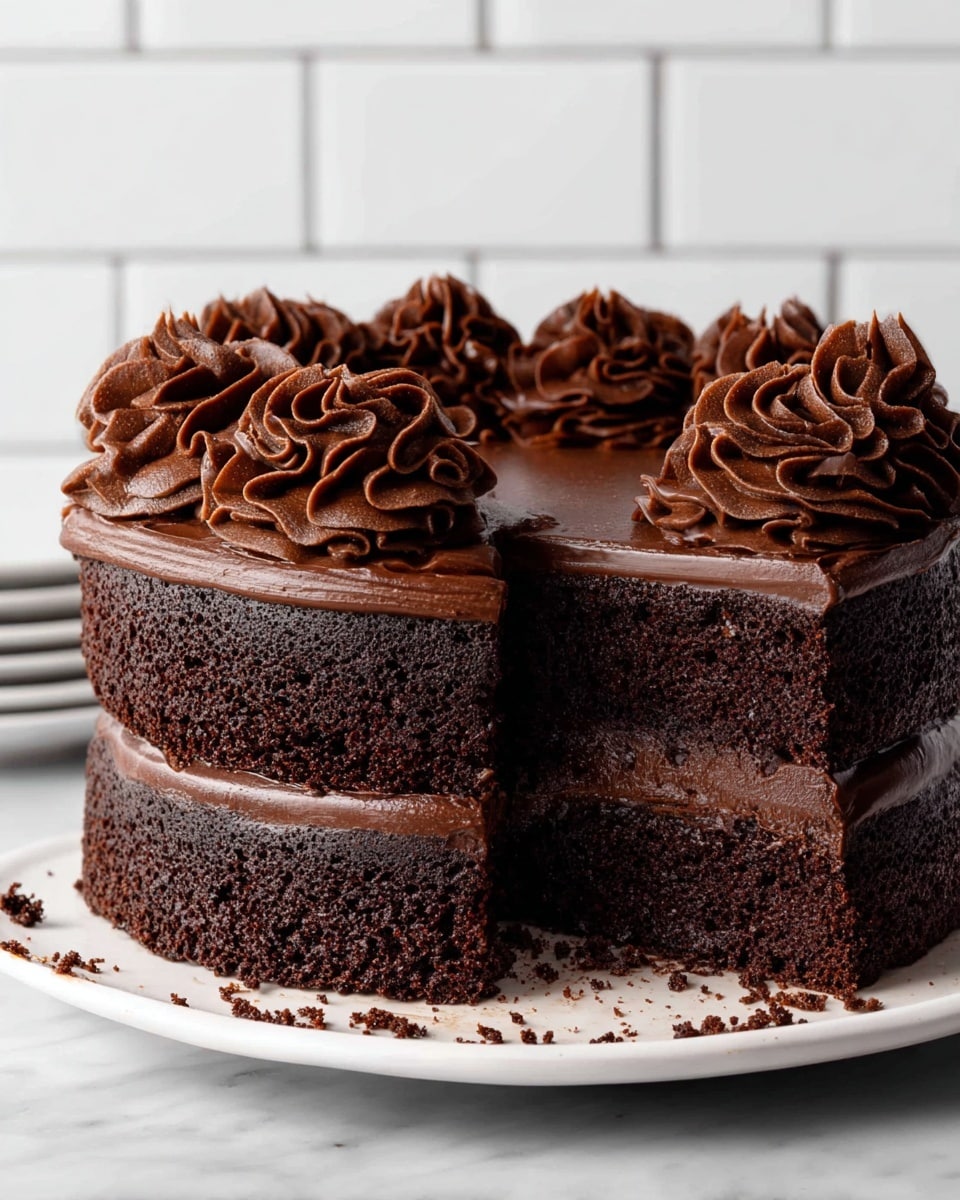 A rich chocolate cake with two thick layers of dark, moist chocolate sponge separated by a smooth, glossy chocolate filling in the middle. The sides and top of the cake are covered with a shiny, dark chocolate ganache. The top edge is decorated with tall, thick swirls of darker chocolate frosting all around. The cake sits on a white plate on a white marbled surface with a white tiled background. Photo taken with an iphone --ar 4:5 --v 7