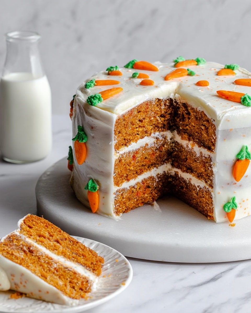 The image shows a three-layer carrot cake with each layer in a warm orange-brown color, separated by smooth white cream cheese frosting. The outside of the cake is covered in the same white frosting, with small orange carrot shapes topped with green leaves made from icing decorating the top and sides. The cake is placed on a round white marble board, and in the background there is a clear glass bottle filled with milk. In the foreground, a white plate with a slice of the cake is partially visible. The photo has soft lighting and a clean, simple white marbled background. Photo taken with an iphone --ar 4:5 --v 7