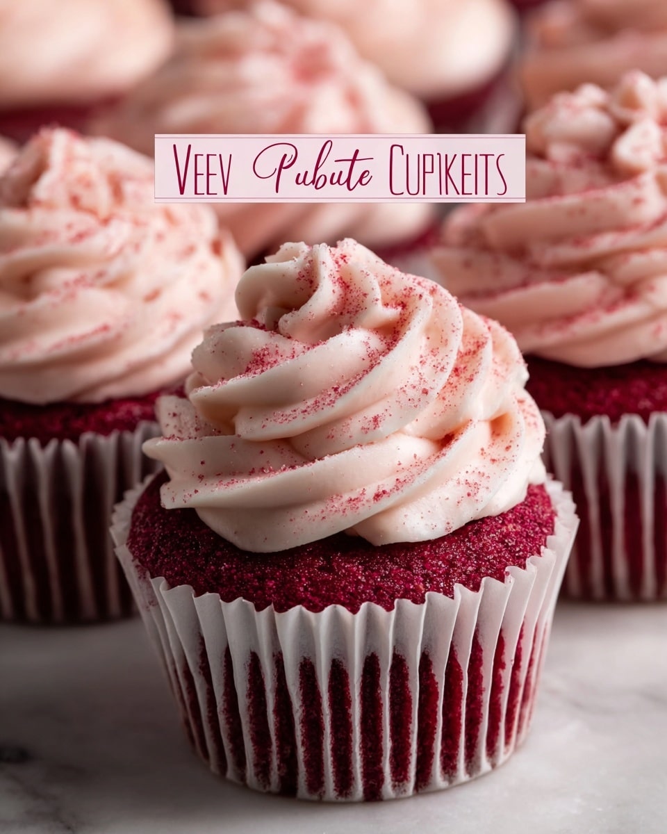 The image shows several pink velvet cupcakes arranged closely, each with two clear layers: the bottom layer is a rich red velvet cake with a soft, moist texture, and the top layer is a tall, smooth swirl of light pink frosting with small sprinkles of darker pink powder on it. The cupcakes are individually wrapped in white paper liners with a ridged texture. The background consists of a white marbled surface. photo taken with an iphone --ar 4:5 --v 7