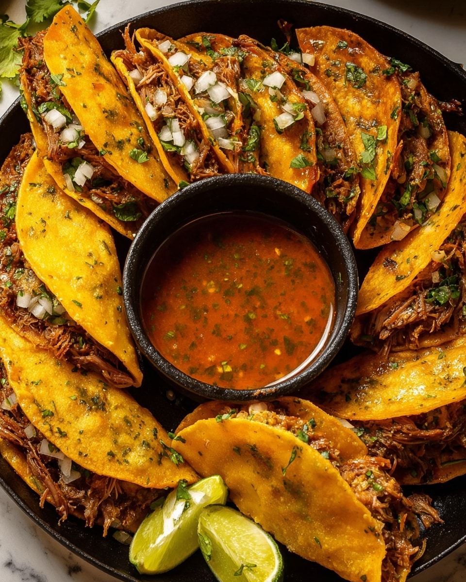 This image shows a round black pan filled with golden-orange tacos arranged around a bowl of dark red dipping sauce. Each taco shell is fried and crispy with a rich orange color, filled with shredded dark brown meat, topped with chopped white onions and green cilantro. Two taco shells are dipped into the sauce, covering part of their surface with a glossy layer. Around the pan on a white marbled surface, there are lime wedges and small bowls of green sauce and orange sauce. photo taken with an iphone --ar 4:5 --v 7