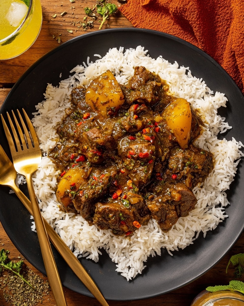 A black plate holds a bed of white rice as the bottom layer, soft and fluffy with visible separate grains. On top, there is a thick, rich brown stew with chunks of meat, potatoes, and some red pepper pieces, coated in a glossy, herb-speckled sauce. The meal is flanked by two shiny golden forks placed diagonally, one on the left and one on the right side of the plate. The plate sits on a warm wooden table with scattered green chopped scallions and sprigs of herbs nearby. A glass with an orange drink containing ice is positioned at the top left corner. photo taken with an iphone --ar 4:5 --v 7