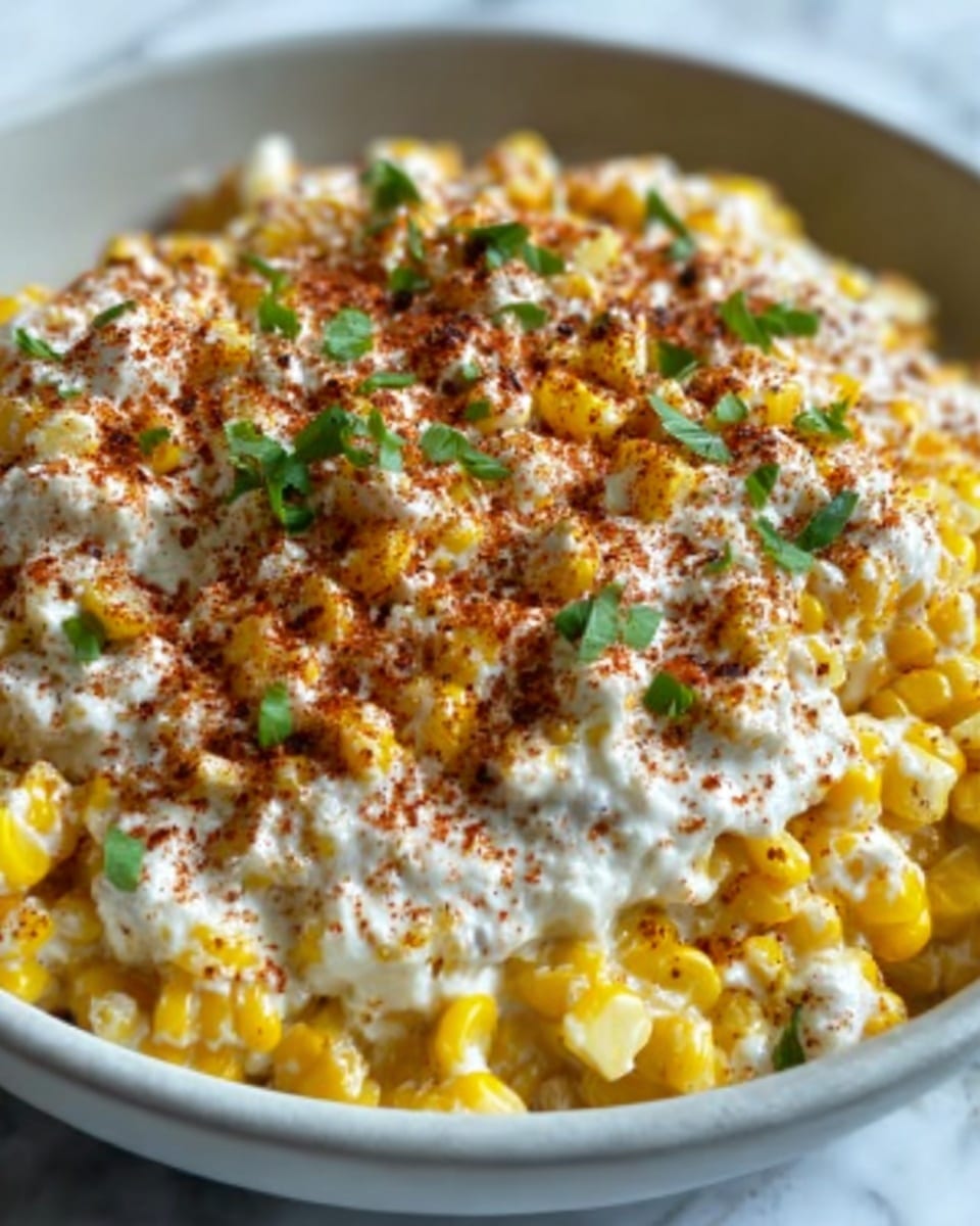 A close-up view of a white bowl filled with creamy corn salad sitting on a white marbled surface. The salad has several layers: yellow corn kernels as the base, topped with a smooth, white creamy sauce that coats the corn evenly. Scattered on top are small green herb leaves and a dusting of reddish-brown spice or seasoning, adding color contrast and texture. The dish looks fresh and rich with a mix of smooth and slightly textured elements, and the bowl is filled nearly to the top. Photo taken with an iphone --ar 4:5 --v 7