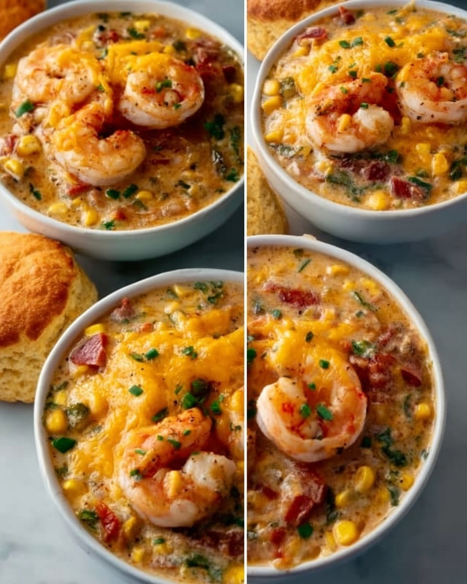 The image is a collage of four close-up photos showing a white bowl filled with a creamy, cheesy shrimp dish topped with melted yellow cheese and chopped green herbs. The dish has visible shrimp, pieces of red bell pepper, and some other colorful vegetables mixed in a creamy sauce. Each photo highlights the bubbly, golden cheese crust on top, with the shrimp sitting visibly underneath. In two photos, the bowl is placed next to golden brown biscuits on a white marbled surface. In one photo, a woman’s hand holds a biscuit near the bowl. The overall look is warm and inviting with rich textures of melted cheese, plump shrimp, and colorful vegetables. Photo taken with an iphone --ar 4:5 --v 7