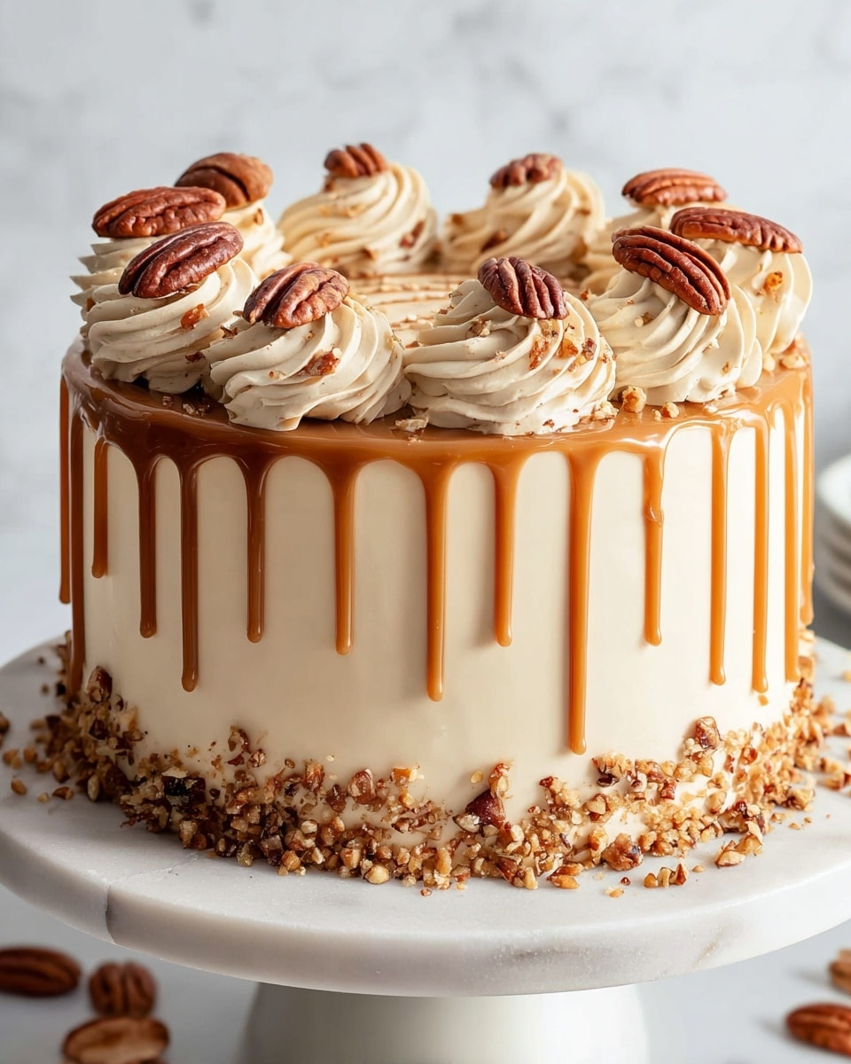 A tall round cake with a smooth cream-colored frosting covers the sides and top. A shiny caramel sauce drips down the edges in uneven streams. The top edge is decorated with twelve swirls of light cream frosting, evenly spaced, each topped with a dark brown pecan half. Small bits of chopped pecan are sprinkled over the frosting swirls and around the base of the cake. The cake sits on a white marble cake stand with extra whole pecans scattered around the bottom edge. The background shows a white marbled texture and soft white tiles. photo taken with an iphone --ar 4:5 --v 7