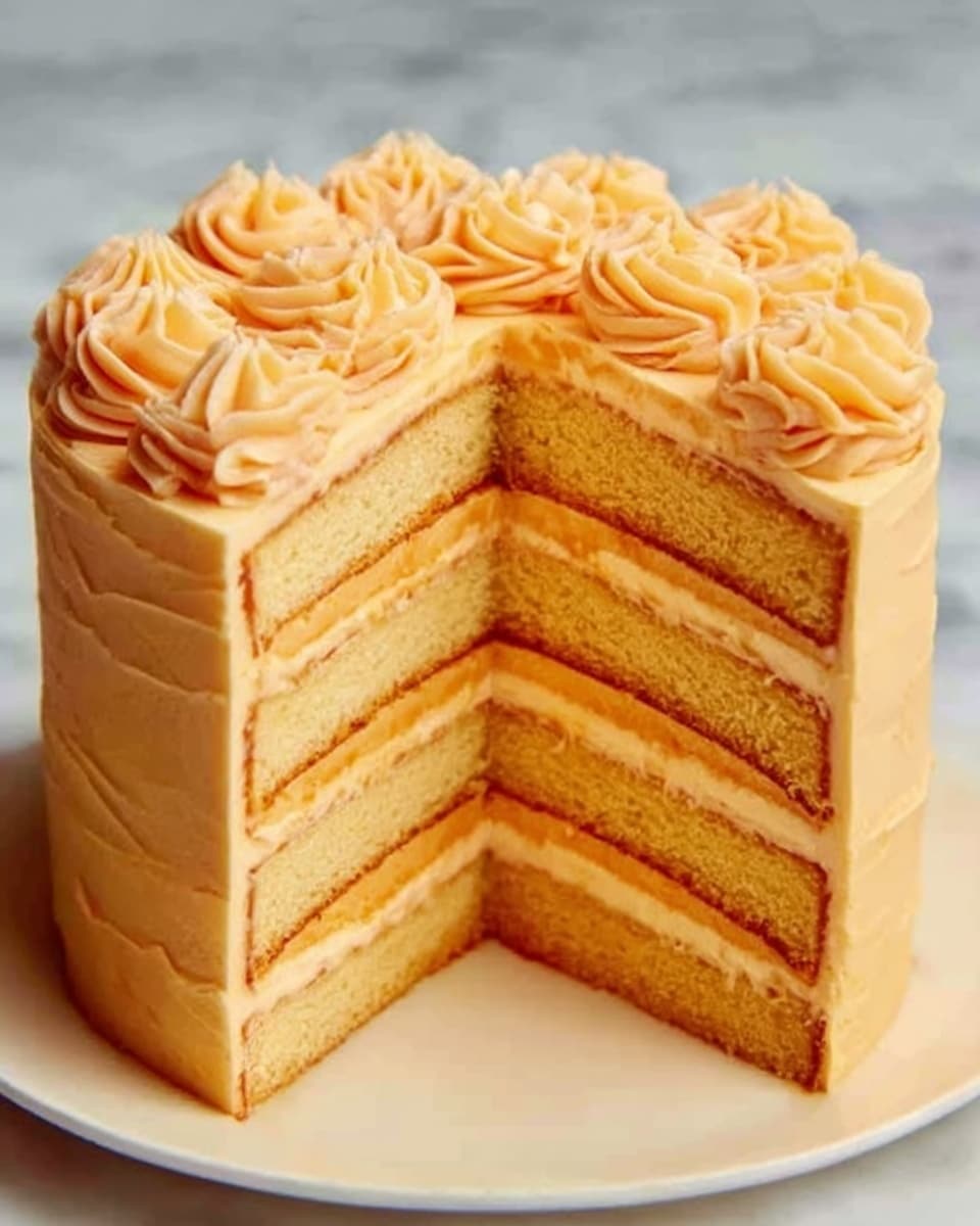The image shows a tall cake with four yellow sponge layers separated by smooth, pale peach frosting. The outside is covered with the same peach-colored frosting, applied evenly and softly textured. The top has a swirl pattern made with thick peach frosting rosettes that cover the surface fully. The cake is placed on a simple white plate on a white marbled surface. Photo taken with an iphone --ar 4:5 --v 7