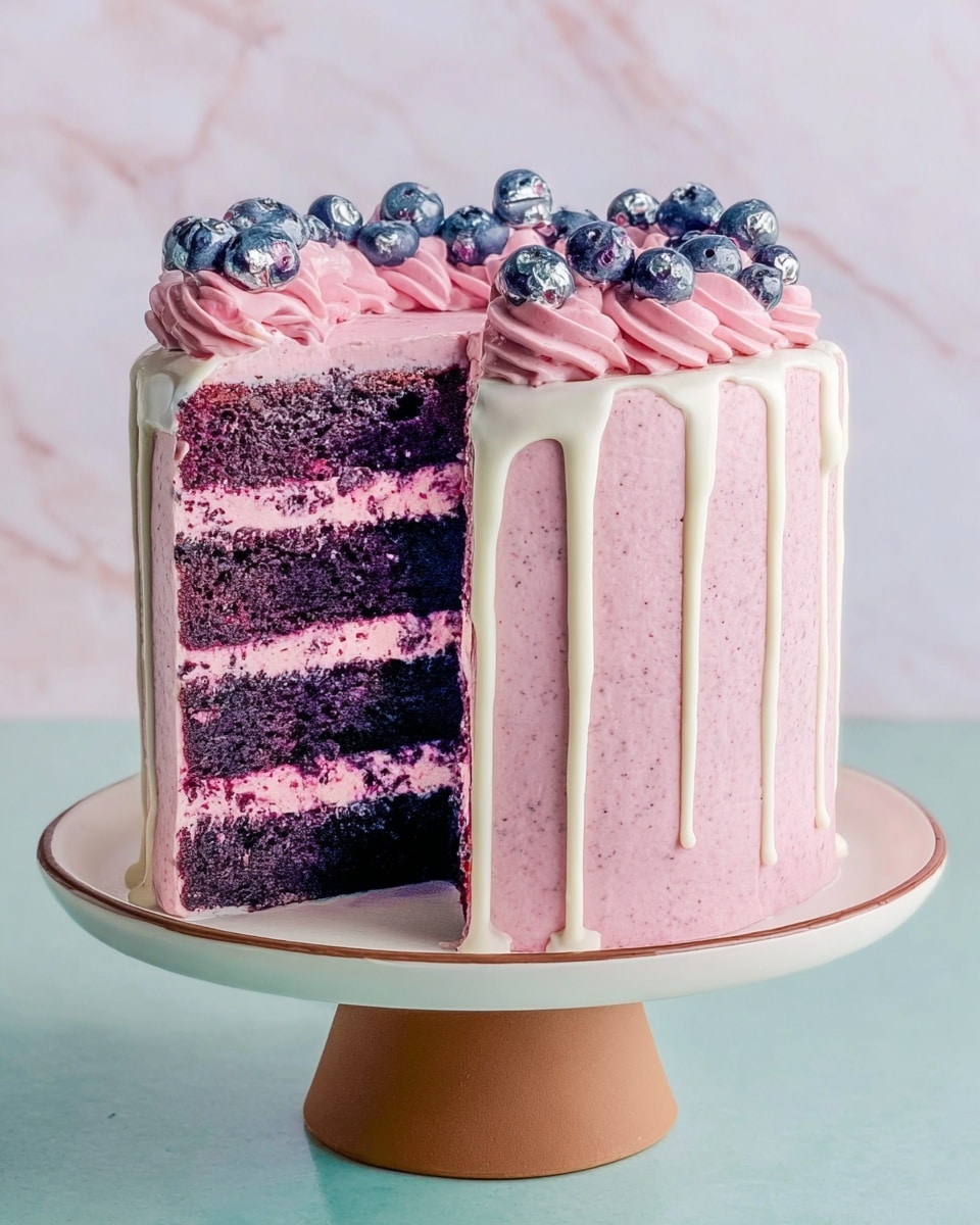 A tall round cake covered fully in smooth white frosting, with the sides densely coated in small dark chocolate chips, giving a bumpy texture. On top, there are six swirls of white frosting evenly spaced near the edge, each swirl creamy and pointed at the peak. The cake sits on a white scalloped-edge cake stand, with a blurred background behind. photo taken with an iphone --ar 4:5 --v 7