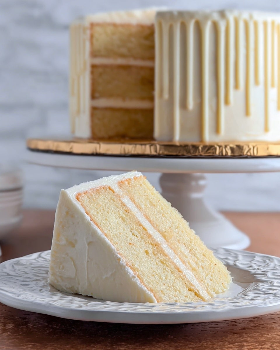 The cake has four visible layers of dark purple sponge, each separated by a thin layer of light pink cream, creating a clear contrast. The outside is covered in a smooth light purple frosting with white drip icing running down the sides in uneven lines. On top, there are rosettes of the same light purple frosting arranged in a ring, with shiny dark blueberries placed on top of each rosette. The cake sits on a white cake stand with a golden base against a white marbled texture background. photo taken with an iphone --ar 4:5 --v 7