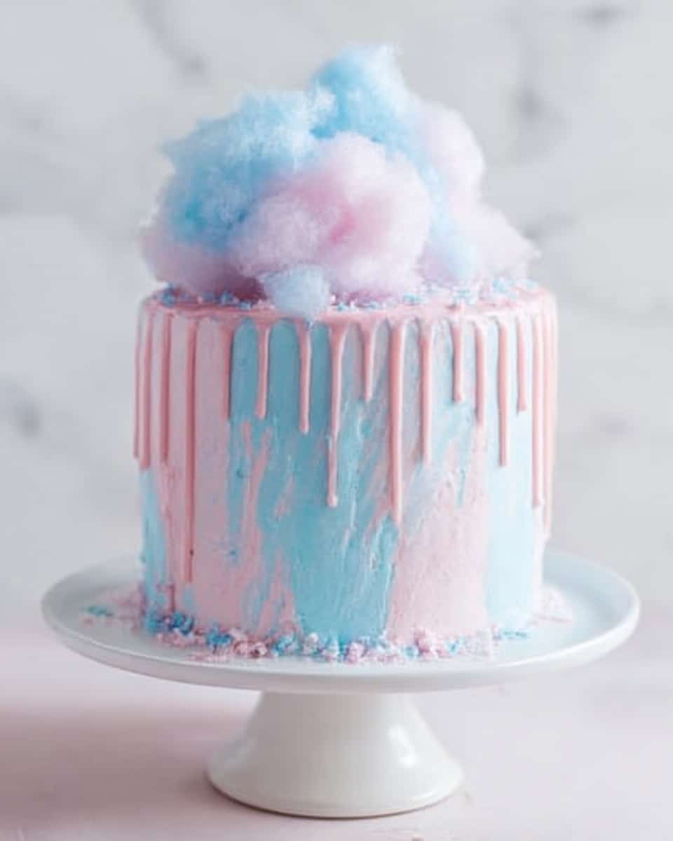 A tall, round cake with smooth pastel blue and pink frosting blending softly together forms the base layer. Light pink ganache drips evenly down the sides from the top edge, creating thin, delicate streams. On top, there is a fluffy light blue and pink cotton candy mound, adding height and a soft texture contrast. The cake stands on a white cake stand with a simple design, placed on a white marbled textured surface. Photo taken with an iphone --ar 4:5 --v 7