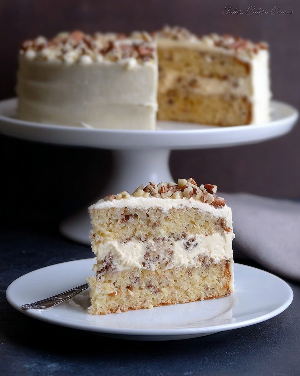 The image shows a slice of cream cake on a white plate placed in front, and the remaining cake on a white cake stand in the background. The cake has two thick light beige layers with bits of nuts inside and a creamy off-white frosting in between and covering the top and sides. The top layer of frosting is decorated with chopped nuts. The cake slice reveals the texture of the soft, nutty cake and smooth frosting. The scene is set against a white marbled surface and a simple dark background, with a cake server resting beside the cake stand. Photo taken with an iphone --ar 4:5 --v 7