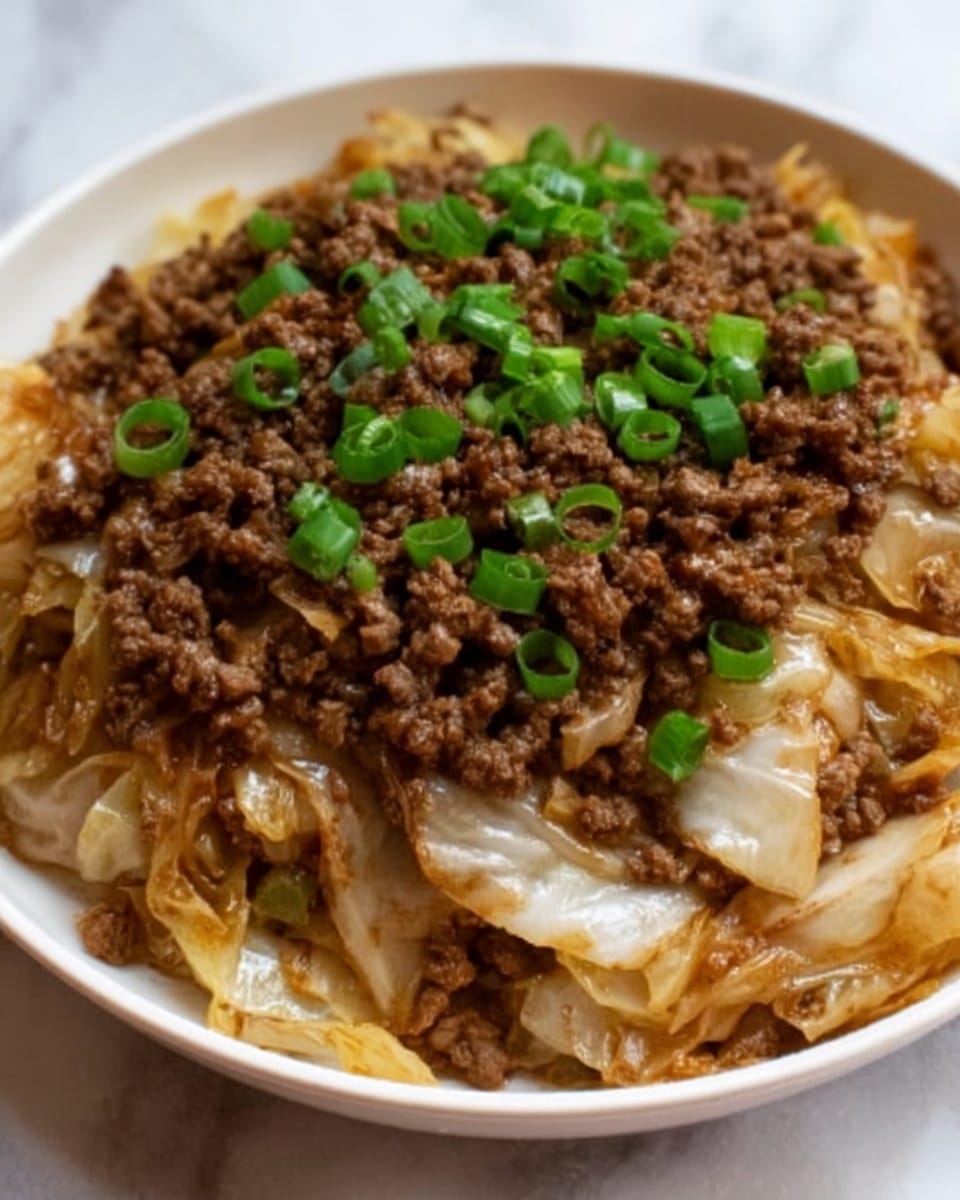 A close-up image of a cooked dish that has two main layers: the bottom layer consists of light brown and slightly translucent cooked cabbage pieces with soft texture, while the top layer is made of small, crumbly, dark brown cooked ground meat mixed evenly. Bright green chopped spring onions are scattered over the meat layer, adding a fresh pop of color. The dish is presented on a white plate against a white marbled background, with a woman's hand holding the plate from the edge. The photo taken with an iphone --ar 4:5 --v 7