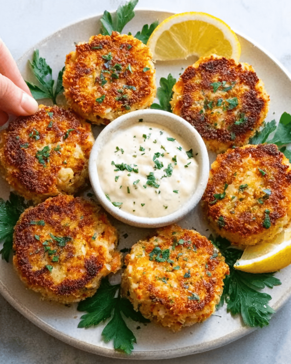 The image shows six golden brown crab cakes arranged in a circle on a plain white plate, set on a white marbled surface. Each crab cake has a crispy, uneven textured outside with small bits of green herbs and orange crab meat visible. In the center of the plate is a small white bowl filled with creamy, slightly thick dipping sauce topped with a sprinkle of fresh chopped green herbs. The edges of the plate are decorated with green leafy parsley and a lemon wedge on the right side. A woman's hand is seen lightly touching one of the crab cakes from the top right. The lighting is warm and natural, highlighting the crispy crust and creamy sauce. photo taken with an iphone --ar 4:5 --v 7