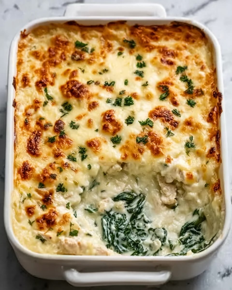 A white rectangular baking dish filled with a creamy layered casserole. The top layer is golden brown melted cheese with small green herb pieces sprinkled evenly. Below, creamy white sauce covers pieces of pale cooked chicken and dark green spinach leaves, creating a mix of smooth and chunky textures. The casserole edges show layers combining the creamy sauce and spinach, making it look rich and soft. The dish is placed on a white marbled surface background. Photo taken with an iphone --ar 4:5 --v 7