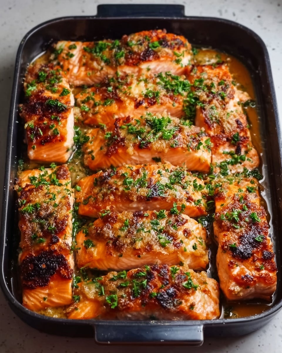 A white baking dish filled with a baked salmon dish, cut into several square pieces with a golden brown crust on top. The salmon looks juicy and tender with a slightly charred, crispy surface sprinkled evenly with chopped green herbs and black pepper. The dish sits on a white marbled surface, and the texture of the salmon appears soft and flaky inside with a crunchy top layer. photo taken with an iphone --ar 4:5 --v 7