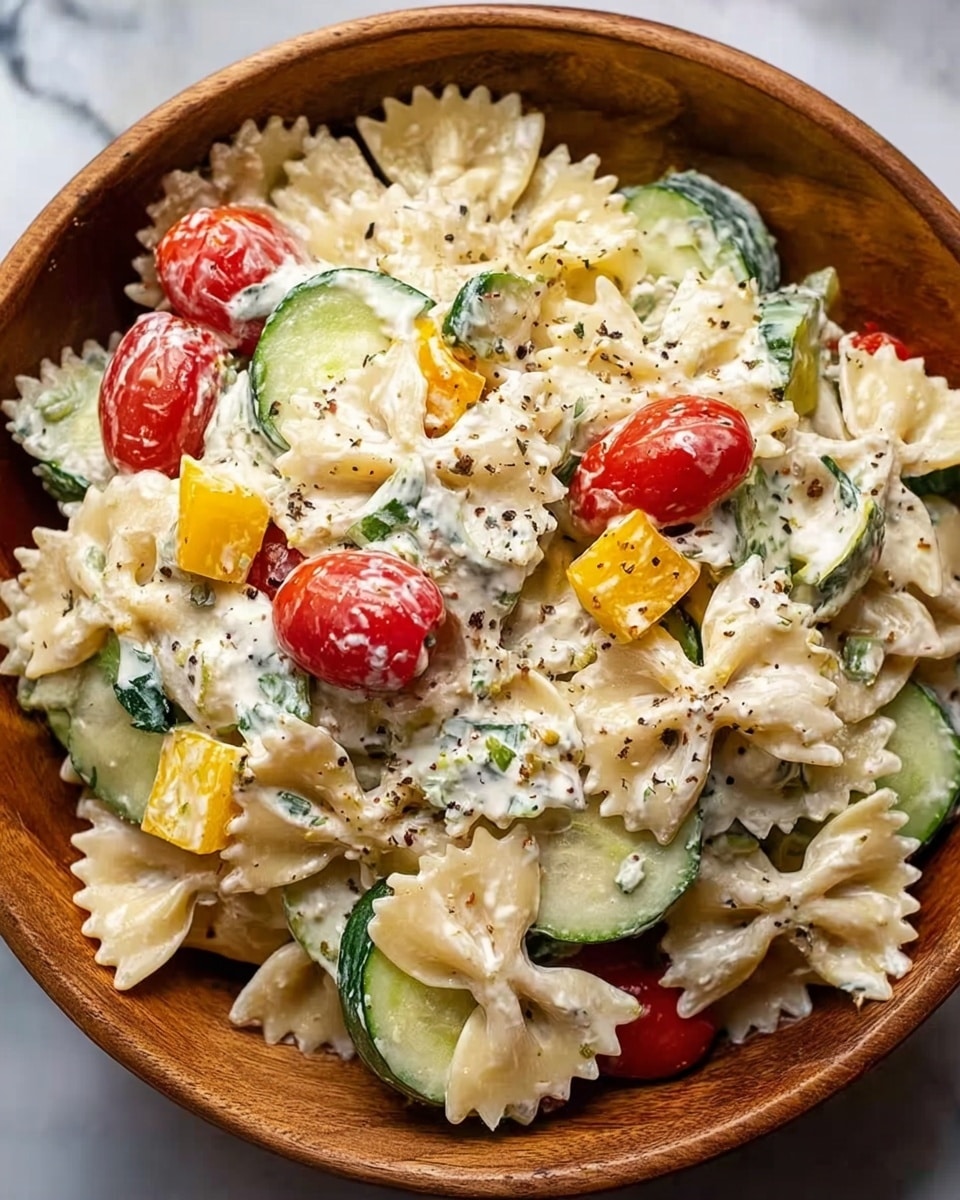 A wooden bowl filled with a pasta salad featuring bow-tie pasta as the main layer, creamy white sauce coating the pasta giving a smooth texture, mixed with vibrant slices of green cucumber, bright red cherry tomato halves, and small pieces of yellow bell pepper scattered throughout. The creamy dressing has specks of black pepper sprinkled on top, adding contrast. The wooden bowl sits on a white marbled surface. photo taken with an iphone --ar 4:5 --v 7