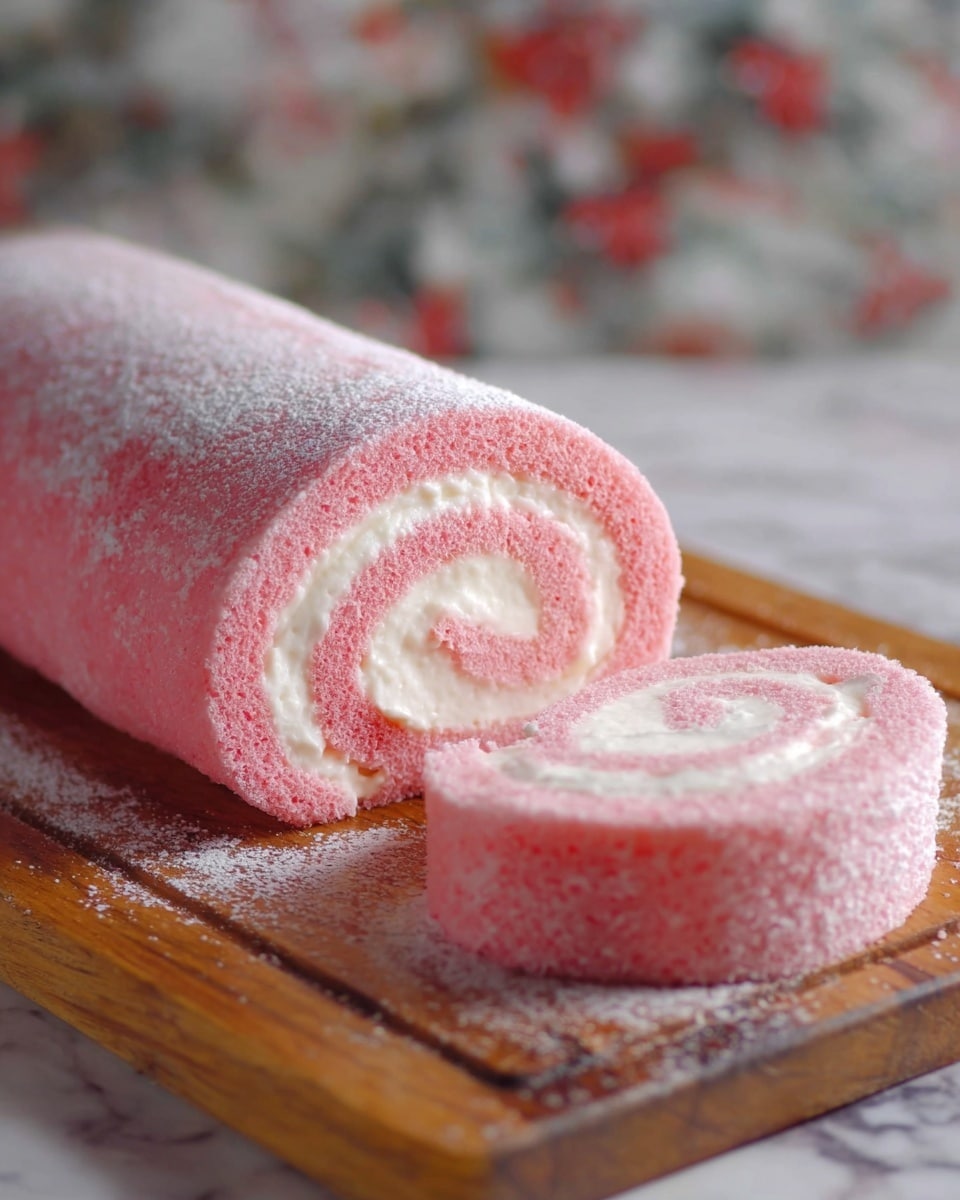 A bright pink Swiss roll cake sliced to show two main layers: the outer sponge layer is soft with a smooth texture and vibrant pink color, while the inner cream filling is white, thick, and creamy, spiraled evenly inside. The roll is dusted with a light layer of powdered sugar on top and around it, sitting on a wooden cutting board. The background is softly blurred with hints of red and green colors, and the surface beneath the board is a white marbled texture. Photo taken with an iphone --ar 4:5 --v 7