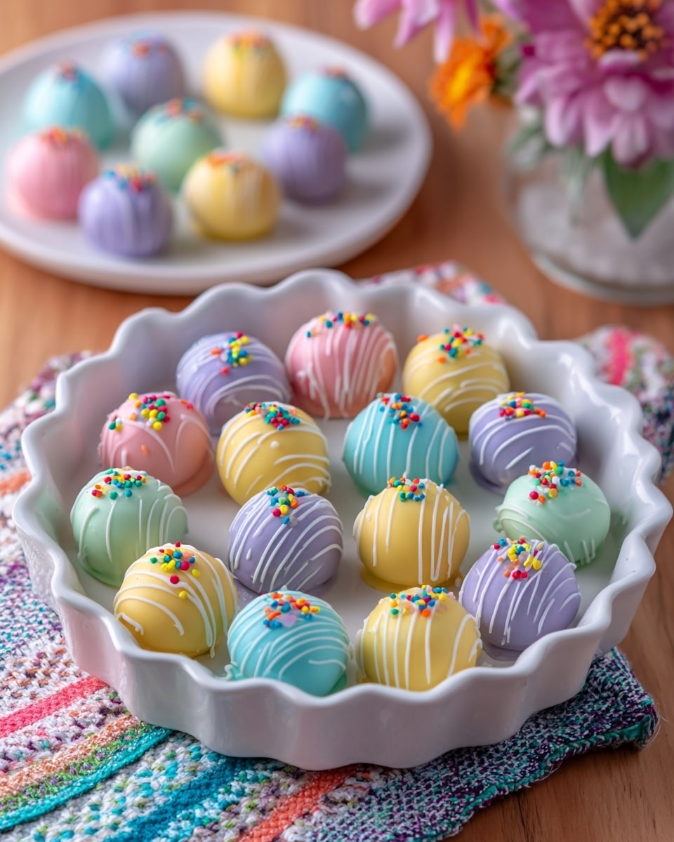 A white scalloped-edge dish holds 24 round cake balls arranged in four rows, each ball coated in pastel pastel colors mostly pale yellow, light purple, sky blue, and mint green. Each cake ball is decorated with thin white icing drizzles that run across the top and sides. The tops of the cake balls are covered with small round colorful sprinkles in bright shades of red, yellow, green, blue, and orange. The dish sits on a wooden table with a soft focus background showing a white plate filled with more pastel-colored cake balls, a white marbled texture surface underneath, a colorful woven cloth, and some blurred flowers. photo taken with an iphone --ar 4:5 --v 7