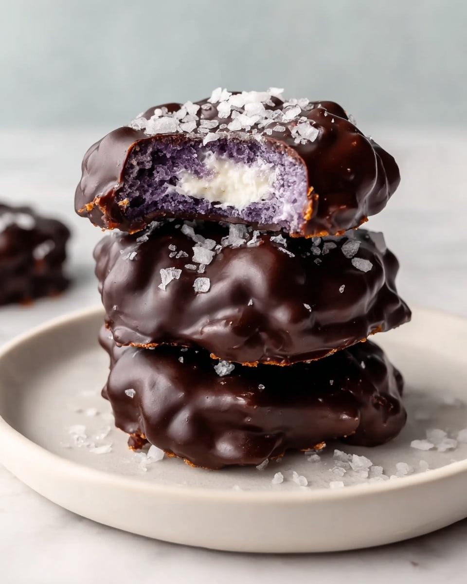 Three dark chocolate-covered round cookies are stacked on a white plate with a white marbled surface in the background. Each cookie has a bumpy, uneven texture from the chocolate coating. The top cookie has a bite taken out of it, showing a purple inner cake layer and a creamy white filling in the center. Large grains of flaky salt are sprinkled on the chocolate surface of the top cookie and scattered lightly on the plate. photo taken with an iphone --ar 4:5 --v 7
