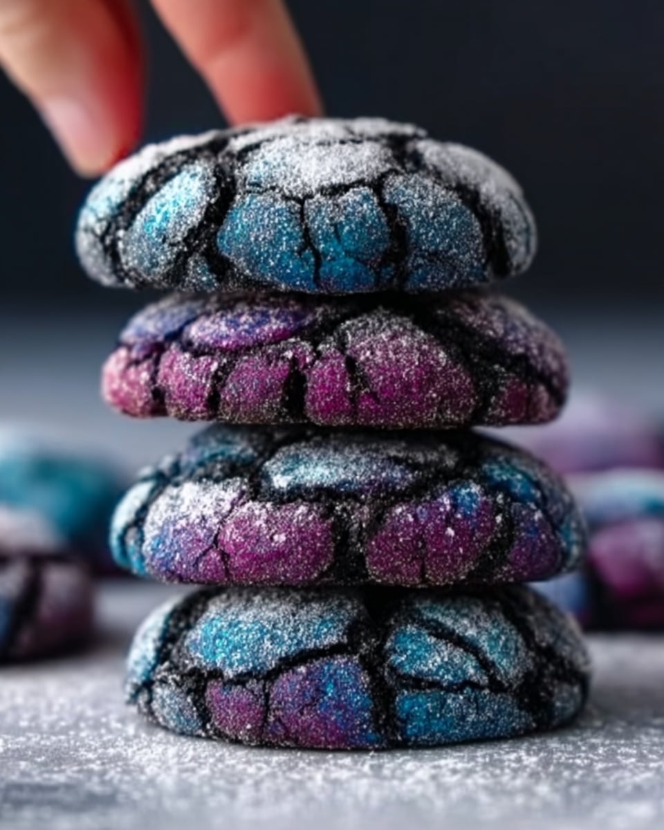 A stack of four round cookies is shown, with a cracked surface revealing bright blue and purple colors underneath a dusting of white powdered sugar. The cookies have a slightly rough texture with visible cracks and a soft, chewy look. The background is blurred with a soft dark to light gradient, drawing focus to the colorful cookies stacked in the center. The focus is tight on the cookies, making their vibrant colors and powdered sugar stand out sharply against the dark base. Photo taken with an iphone --ar 4:5 --v 7