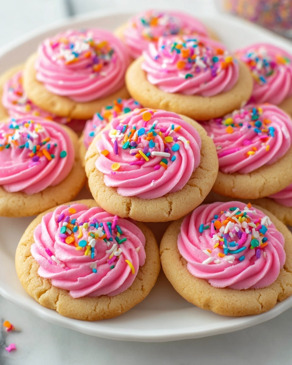 A white plate holds around a dozen small round cookies, each with two layers. The bottom layer is a golden-brown cookie base with a slightly crumbly texture. The top layer is a swirl of bright pink frosting with a smooth, creamy texture, piped in a flower shape that covers the center of each cookie. Each frosting top is decorated with colorful sprinkles including round and rod shapes in yellow, blue, purple, white, and orange, scattered evenly over the pink frosting. The plate is placed on a white marbled surface. photo taken with an iphone --ar 4:5 --v 7