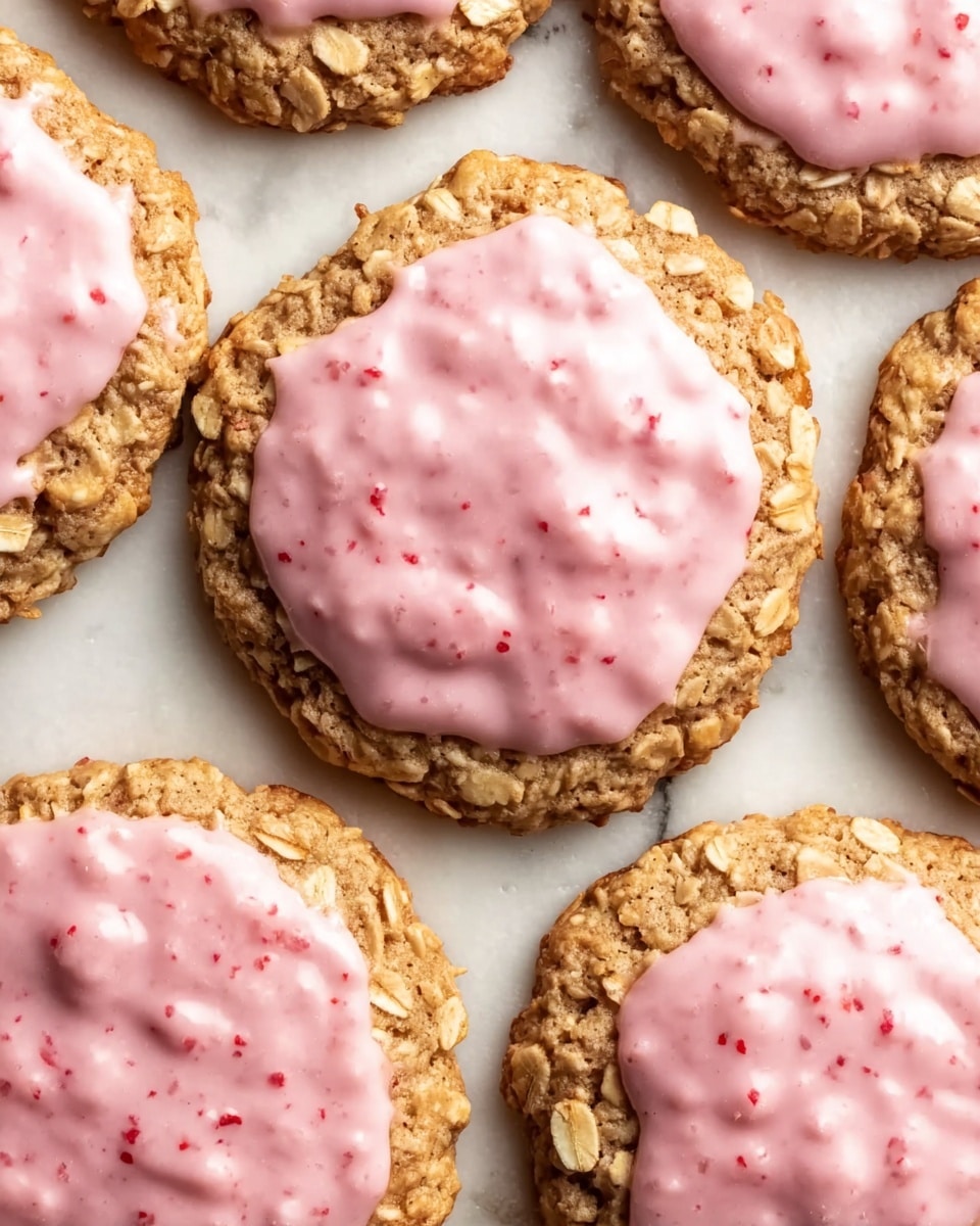 The image shows several round oatmeal cookies placed closely together on a white marbled surface. Each cookie has a rough, uneven texture with visible oatmeal flakes and small bits within the cookie itself. On top of each cookie is a thick layer of glossy, light pink glaze spread unevenly, giving a slightly bumpy look with small red specks throughout the glaze. The colors are mostly warm beige from the cookies and soft pink from the glaze, with the white marbled background providing a clean contrast. Photo taken with an iphone --ar 4:5 --v 7
