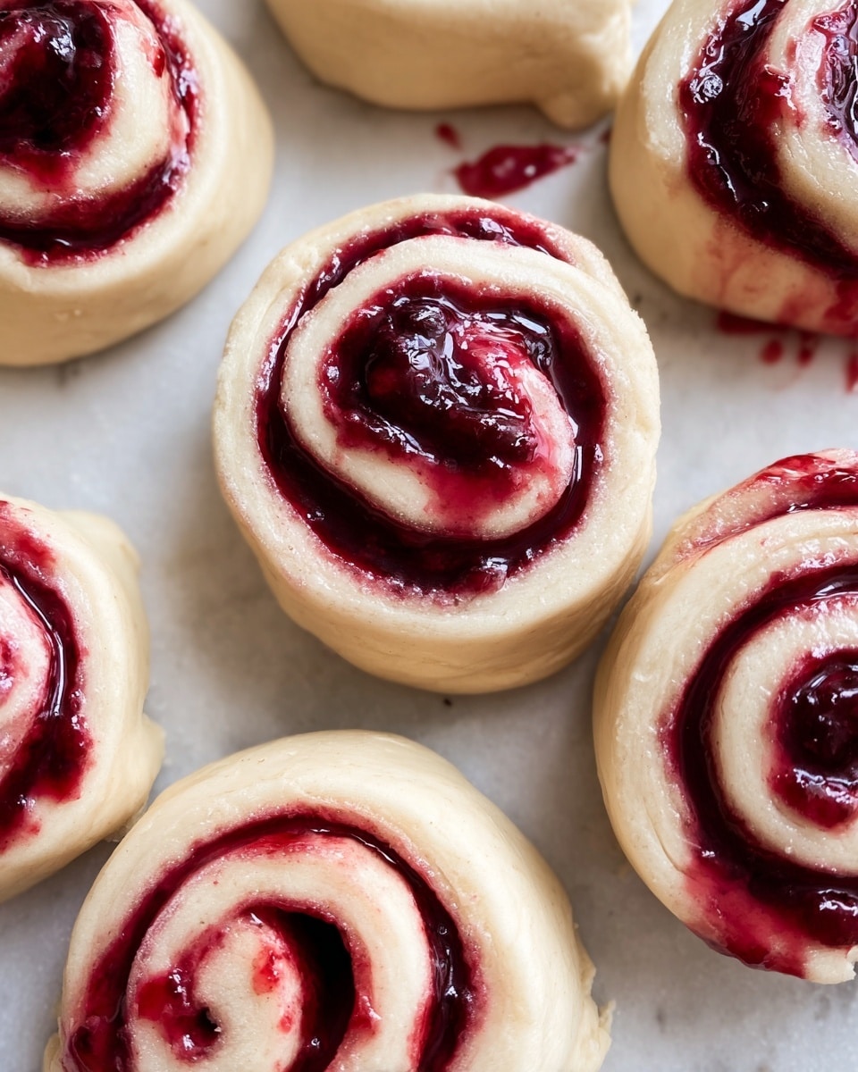 The image shows close-up views of six unbaked fruit swirl rolls on a white plate, set on a white marbled surface. Each roll has three to four visible layers, with the outer layers being light beige dough that is soft and slightly glossy. Inside the swirl, there is a thick, glossy, deep red and dark purple fruit filling with a jam-like texture, oozing slightly out of the layers and creating a rich contrast against the pale dough. The rolls have a smooth, rounded shape with the spiral pattern clearly visible, and a few smudges of the fruit filling stain the dough and plate. Photo taken with an iphone --ar 4:5 --v 7