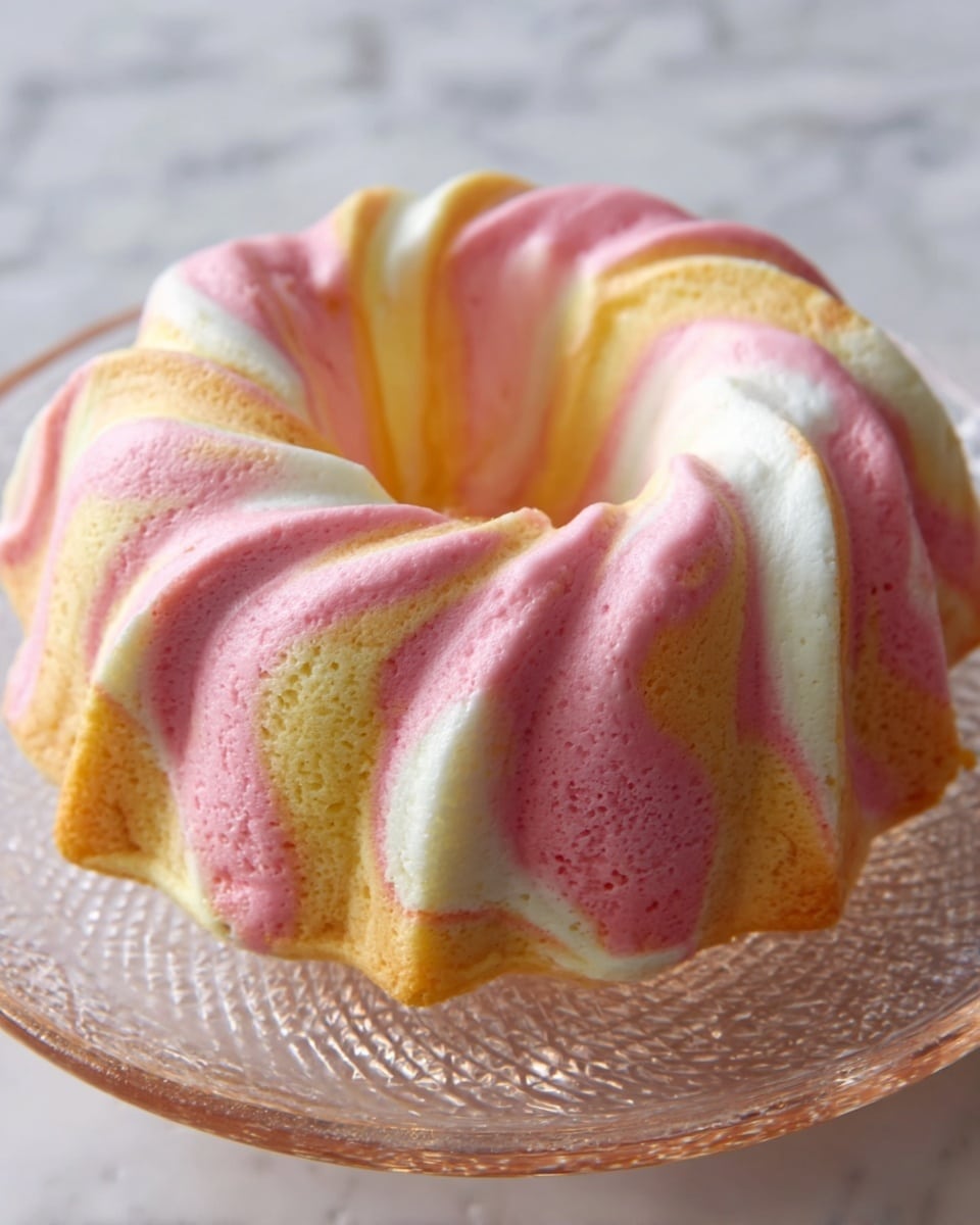 A swirl-shaped dessert with three visible colors layered in a marbled pattern: soft pink, creamy white, and light yellow. The dessert is smooth and has a slightly shiny texture, placed on a clear glass plate. The plate sits on a white marbled surface. Photo taken with an iphone --ar 4:5 --v 7