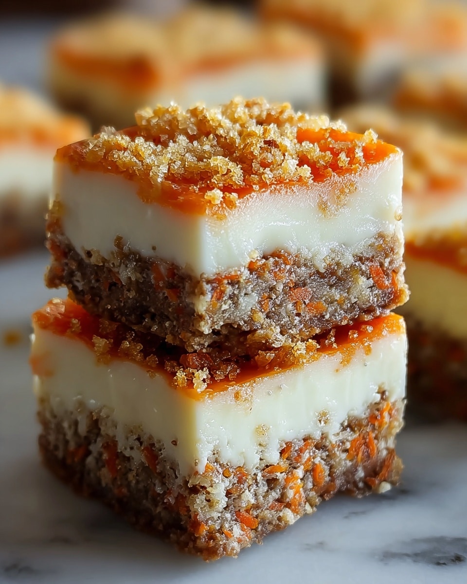 The image shows two stacked square dessert bars with three clear layers. The bottom layer is a crumbly, textured brown crust mixed with small bits of orange, likely carrot pieces. The middle layer is a smooth, creamy white filling that covers the whole square. The top layer is more crumbly brown with scattered carrot bits and a light dusting of granulated sugar or crumb topping. The dessert is placed directly on a white marbled surface with blurred similar squares in the background. photo taken with an iphone --ar 4:5 --v 7
