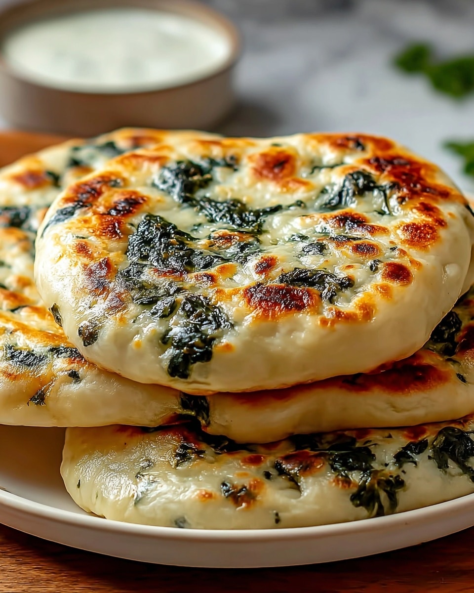 The image shows three thick, round flatbreads stacked on a white plate, each about an inch thick. The flatbreads have a golden-brown, slightly crispy top with browned spots and scattered dark green leafy bits baked inside the creamy white dough. The texture looks soft and fluffy with a shiny, slightly oily surface. A small bowl with white dipping sauce is partially visible in the blurred background, all set on a white marbled texture. photo taken with an iphone --ar 4:5 --v 7