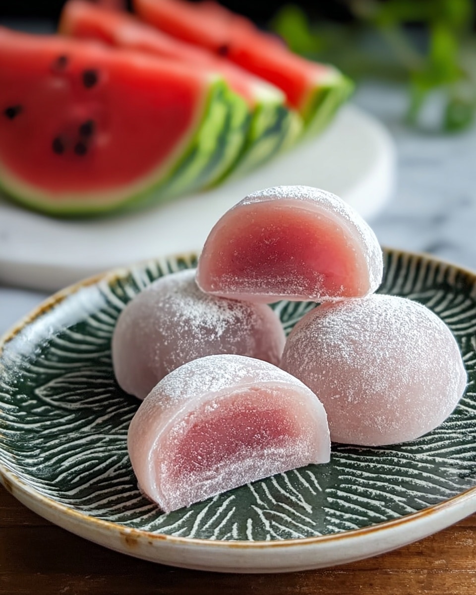 The image shows four mochi pieces on a white plate with a green textured pattern and a brown rim, placed on a white marbled texture. Each mochi is round, covered with a white powder, and cut in half to reveal a pink translucent jelly-like interior. In the background, there are slices of watermelon with bright red flesh and green rind, slightly out of focus. Photo taken with an iphone --ar 4:5 --v 7
