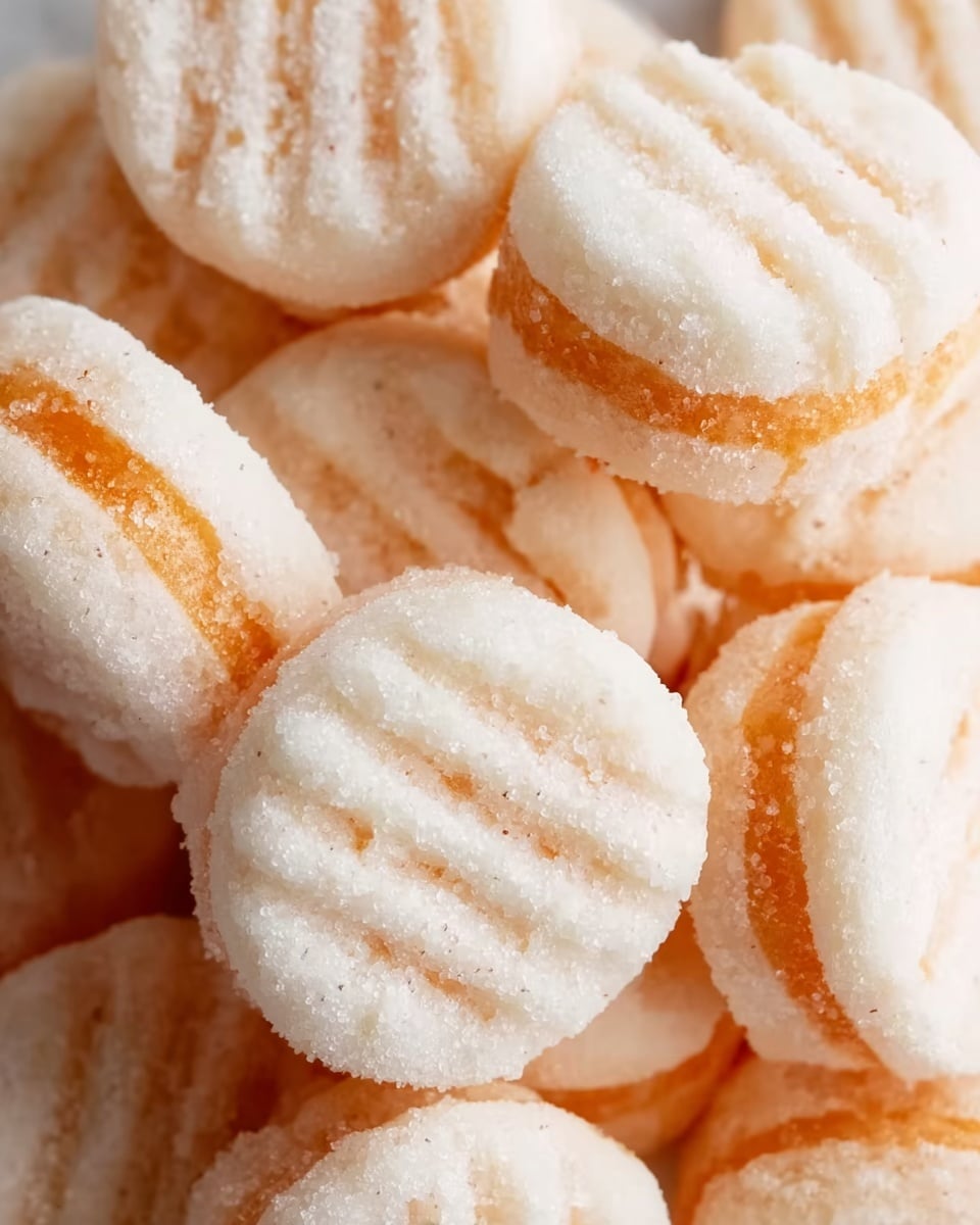 The image shows a close-up of multiple small round cookies stacked closely together. Each cookie has a pale creamy color with a slightly rough texture. The top surface of the cookies features three to four light brown horizontal ridges made by pressing, giving them a simple striped pattern. The cookies look soft and crumbly, with some tiny golden specks spread unevenly throughout. They are set against a white marbled texture background. photo taken with an iphone --ar 4:5 --v 7