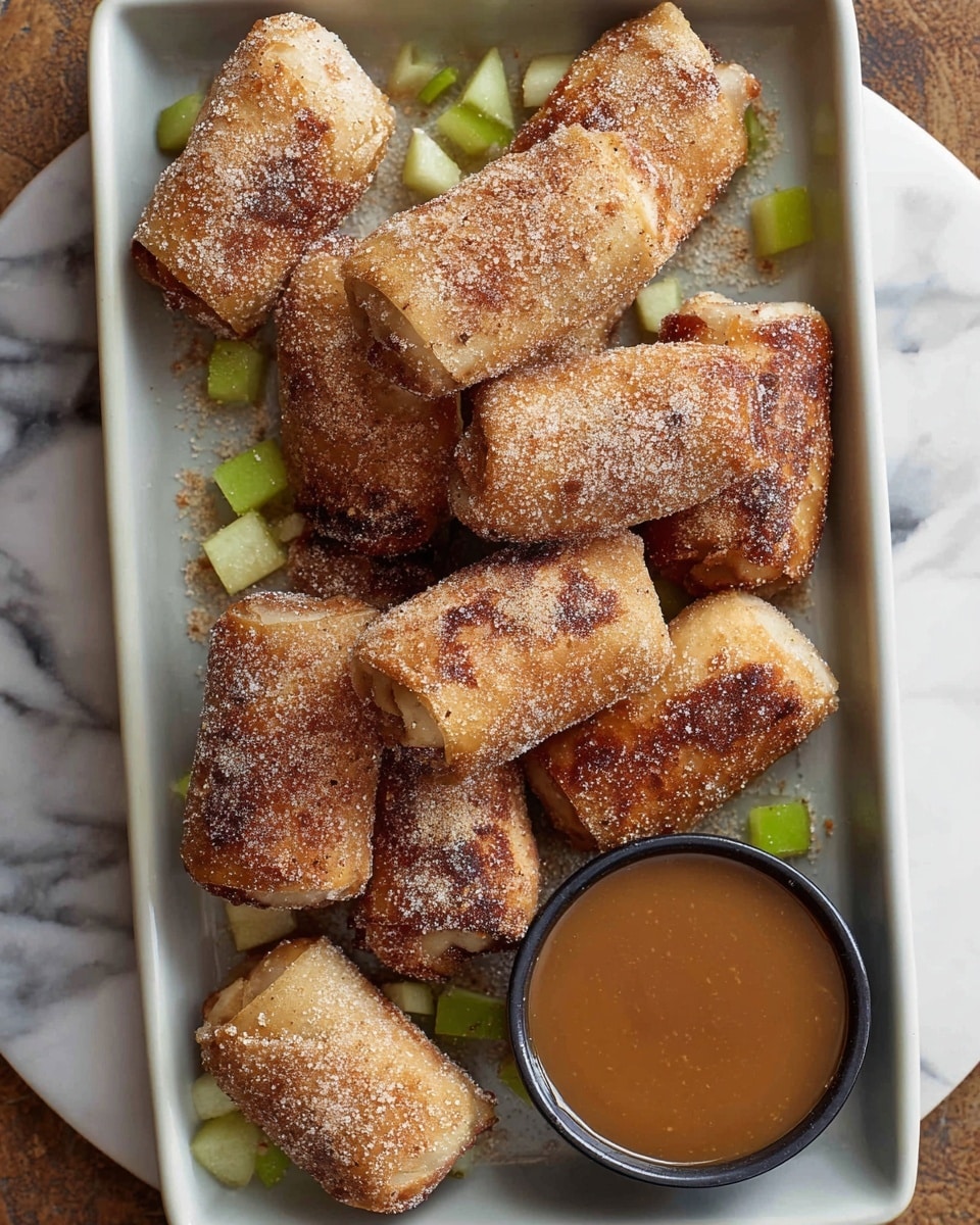 A metal tray filled with about twelve golden brown, crispy rolled pastries stacked unevenly. Each pastry is lightly coated with a fine layer of sugar, giving a slightly grainy texture with toasted patches on the surface. Small pieces of green apple are scattered around the pastries inside the tray. A small round wooden bowl filled with smooth caramel sauce sits at the bottom right corner of the tray. The tray is placed on a white marbled texture surface. photo taken with an iphone --ar 4:5 --v 7