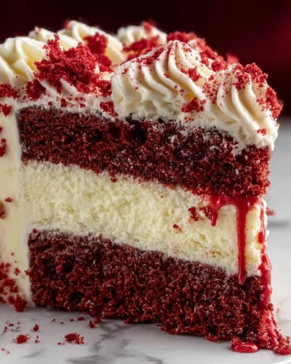 A close-up of a slice of red velvet cake with three visible layers: the bottom layer is a deep red, moist crumb with a dense texture; the middle layer is thick, smooth cream cheese frosting in a pale white color; the top layer is a thin, crumbly red velvet topping with loose crumbs scattered around. On top of the cake are small swirls of white cream frosting evenly spaced near the edge. A glossy red syrup slowly drips down from the top onto the cream cheese layer. The slice sits on a white plate on a white marbled surface. Photo taken with an iphone --ar 4:5 --v 7