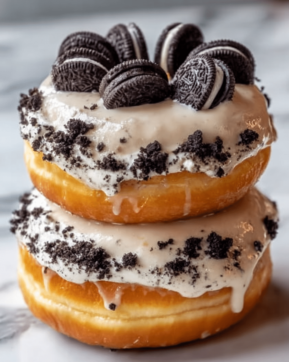 A stack of two glazed donuts on a white plate is shown, each donut with a thick layer of white cream filling mixed with crushed dark chocolate cookie crumbs sandwiched in the middle. The top donut has an extra layer of cream and more crushed cookies, finished with whole dark chocolate sandwich cookies arranged on top. The surface is a white marbled texture, and a woman's hand is reaching towards the donuts. photo taken with an iphone --ar 4:5 --v 7