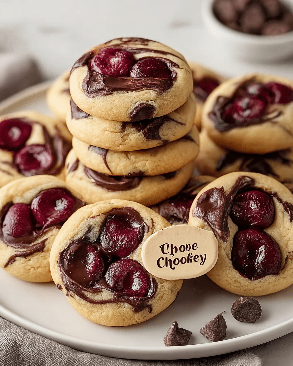 A stack of soft cookies sits on a white plate on a white marbled surface, each cookie showing visible layers of light golden dough mixed with swirls of dark chocolate and dark red cherries embedded on top. The cookies have a bumpy texture with melted chocolate and juicy cherry spots creating a mix of smooth and glossy textures on their surface. The plate is piled with several cookies, some overlapping each other, showing the contrast between the pale dough and the rich dark chocolate and cherries. Photo taken with an iphone --ar 4:5 --v 7