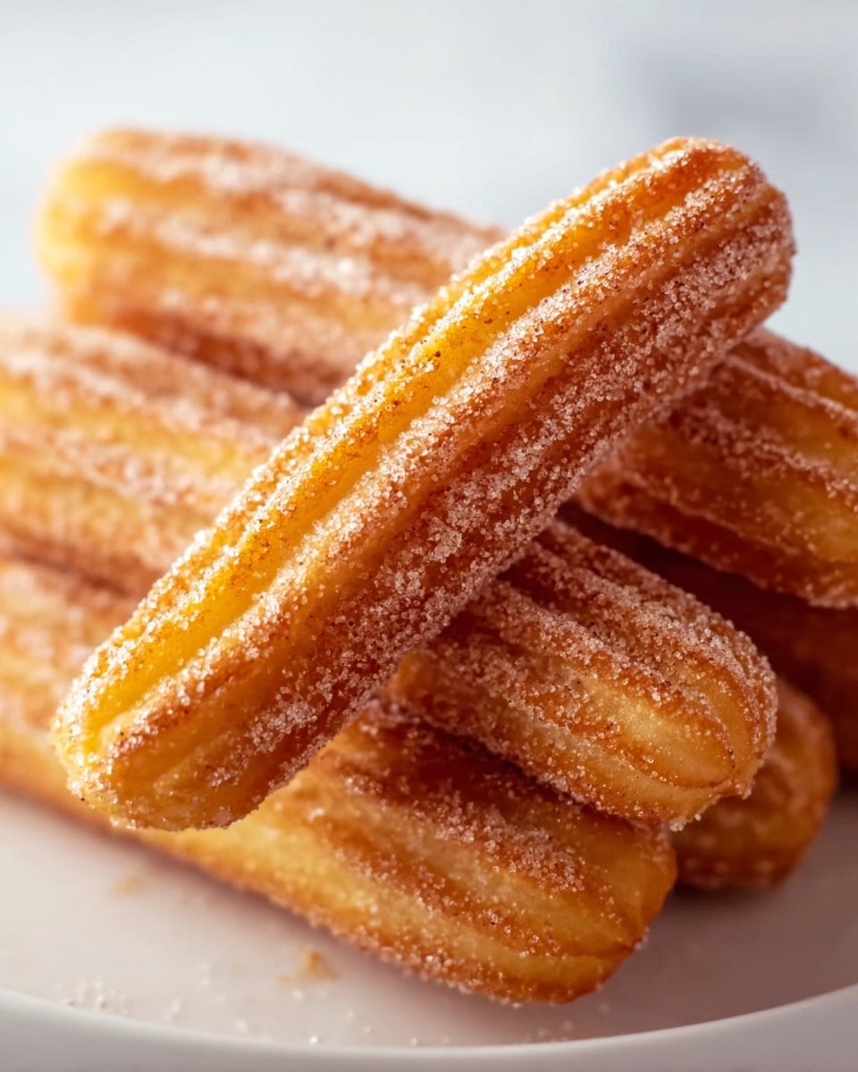A close-up view of four churros stacked on a white plate, each churro showing a golden-brown color with distinct ridges running lengthwise, covered in a layer of sparkling sugar crystals that catch the light and add texture, the churros appear crisp on the outside with a soft, fluffy inside hinted by slight cracks along the edges, the background is a white marbled texture, giving a clean and simple look. photo taken with an iphone --ar 4:5 --v 7