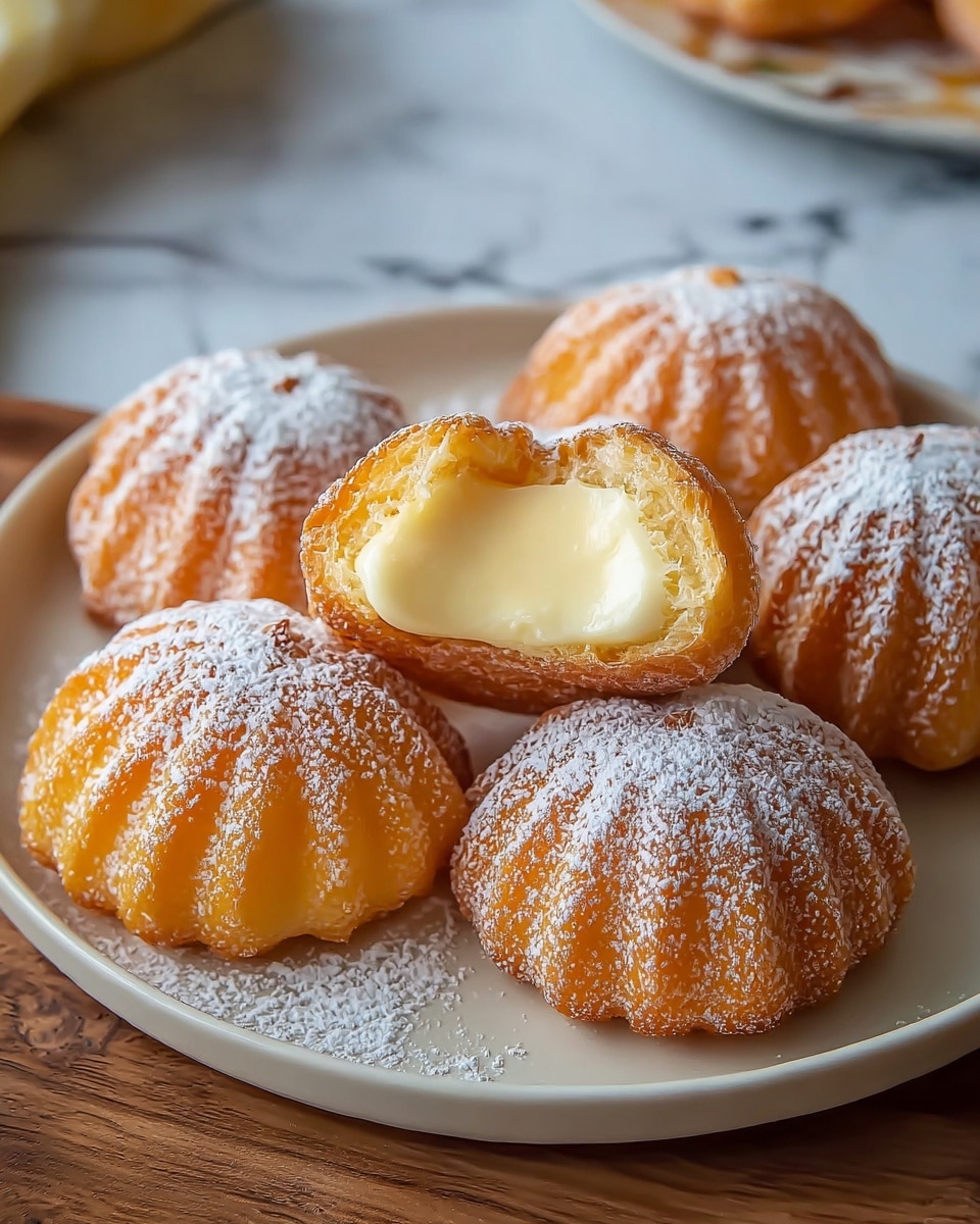 The image shows six small, round pastries with fluted edges, arranged on a white plate with a blue floral pattern and a slightly scalloped edge. The pastries have a golden-brown, slightly crisp outside dusted with a layer of white powdered sugar. One pastry is cut in half and placed on top of another, revealing a creamy, pale yellow, smooth filling inside. The background includes a blurred view of a dark wooden table and another plate with similar pastries. The setting is cozy and warm, and the lighting softly highlights the textures of the pastries. Photo taken with an iphone --ar 4:5 --v 7