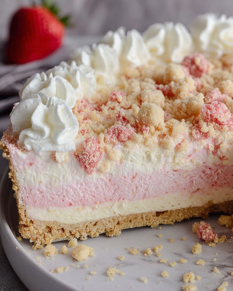 A close-up of a three-layer slice of dessert on a black round tray with a white handle, placed on a white marbled surface. The bottom layer is a thin pale yellow crust, the middle layer is a smooth light pink cream, and the top layer is a creamy off-white with a slightly thicker white cream layer on top, covered with chunky crumbles in light yellow and pink shades. Around the edge, there are swirls of white whipped cream. Crumbled pieces are scattered on the tray near the slice. In the blurred background, there is a red strawberry and a green leaf visible. Photo taken with an iphone --ar 4:5 --v 7