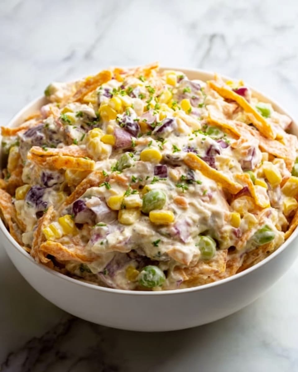 A white bowl filled with a colorful layered salad. The bottom layer has crunchy orange chips, mixed with pieces of purple onion, green herbs, yellow corn kernels, and bits of brown meat. On top, a creamy white dressing covers the mix, adding a smooth texture. The ingredients are closely packed, showing a mix of soft, crunchy, and creamy elements. The bowl sits on a white marbled surface. photo taken with an iphone --ar 4:5 --v 7