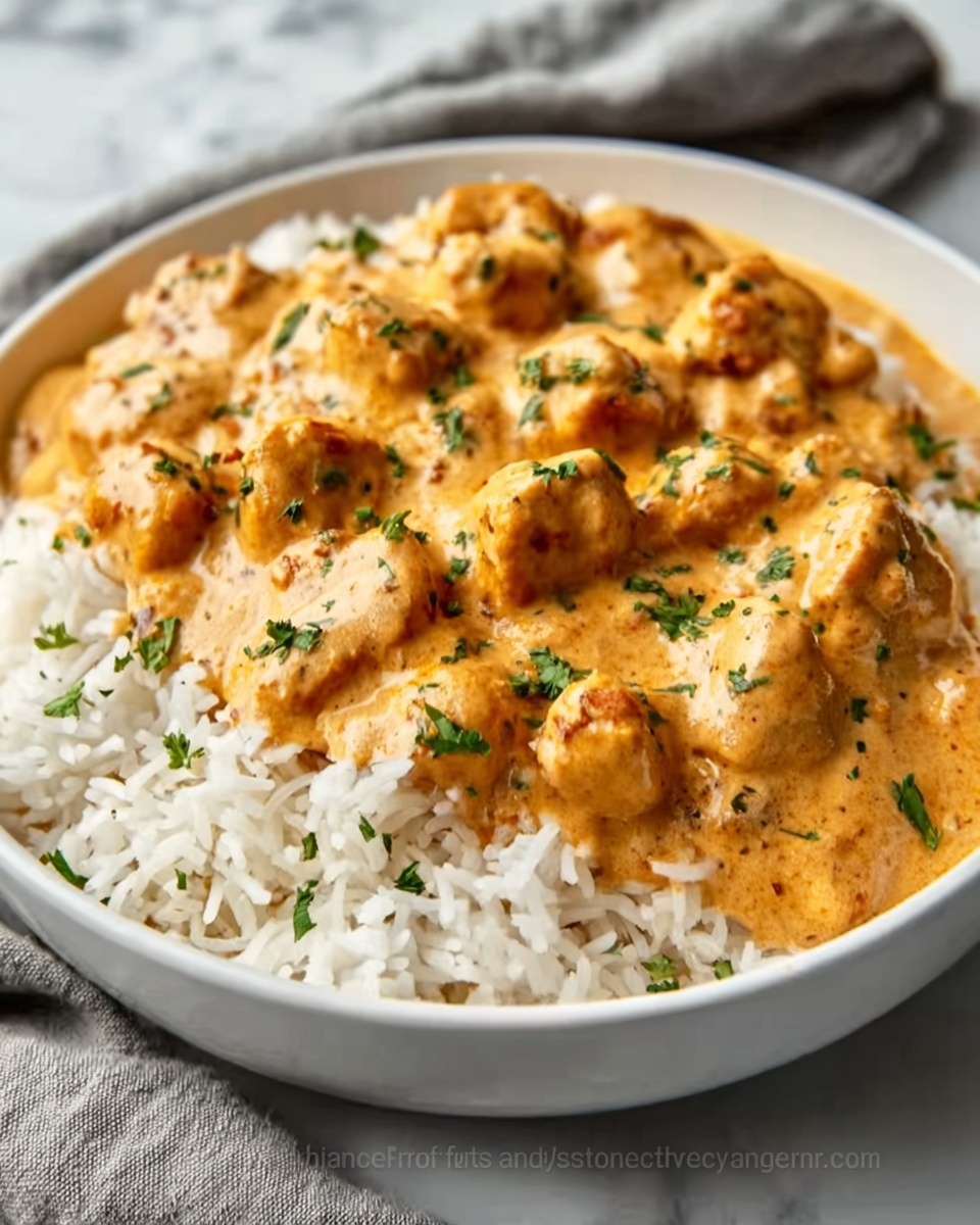 The image shows a white bowl filled with a layer of plain white rice at the bottom, topped with a thick, creamy orange curry with chunks of tender chicken scattered throughout. The curry has a smooth texture with small bits of herbs sprinkled on top, giving a fresh green contrast to the warm orange sauce. The bowl sits on a white marbled surface with a gray cloth slightly visible in the corner. Photo taken with an iphone --ar 4:5 --v 7