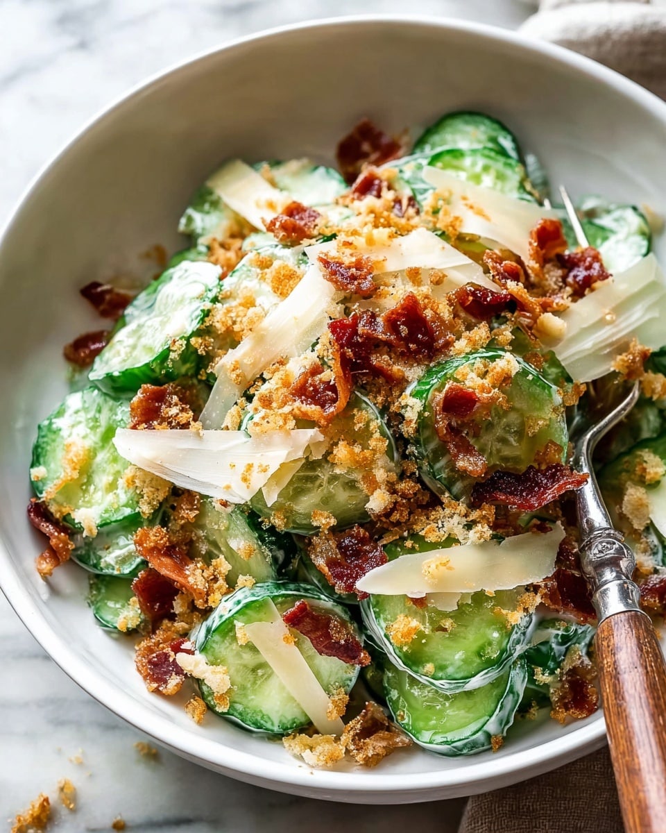 A white bowl filled with a creamy salad made of round green cucumber slices evenly coated in white dressing. On top, there are small reddish-brown crispy bacon pieces scattered throughout, along with thin, light beige cheese shavings. The salad is also sprinkled with a crumbly, light brown mixture giving a grainy texture over the cucumbers and bacon. A fork with a wooden handle rests inside the bowl, which is placed on a white marbled surface. Photo taken with an iphone --ar 4:5 --v 7