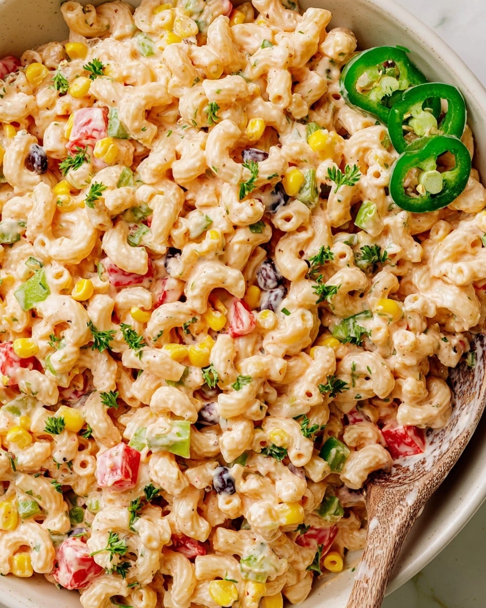 This close-up image shows a creamy macaroni salad mixed with three main layers: elbow macaroni pasta covered with a light orange creamy sauce, diced red bell peppers adding bright red color, and yellow corn kernels giving a pop of yellow. There are scattered black beans for dark contrast, fresh chopped green herbs sprinkled all over, and thin slices of green jalapeño peppers placed on the side. The texture is creamy and slightly chunky from all the mixed ingredients. A wooden spoon is partially visible, covered in sauce, resting in the salad. The background is a white marbled surface. photo taken with an iphone --ar 4:5 --v 7