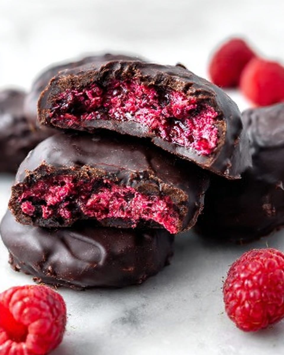 The image shows three thick, dark chocolate-covered bars stacked on a white marble surface, with one bar broken open to reveal a bright red, textured raspberry filling inside. The chocolate coating is smooth but slightly shiny with some wrinkles and uneven edges, suggesting it is handmade. A few fresh raspberries, bright red and plump, are placed around the bars on the surface. The whole scene is bright and clear, with the white marbled background highlighting the deep brown chocolate and vivid red filling. Photo taken with an iphone --ar 4:5 --v 7