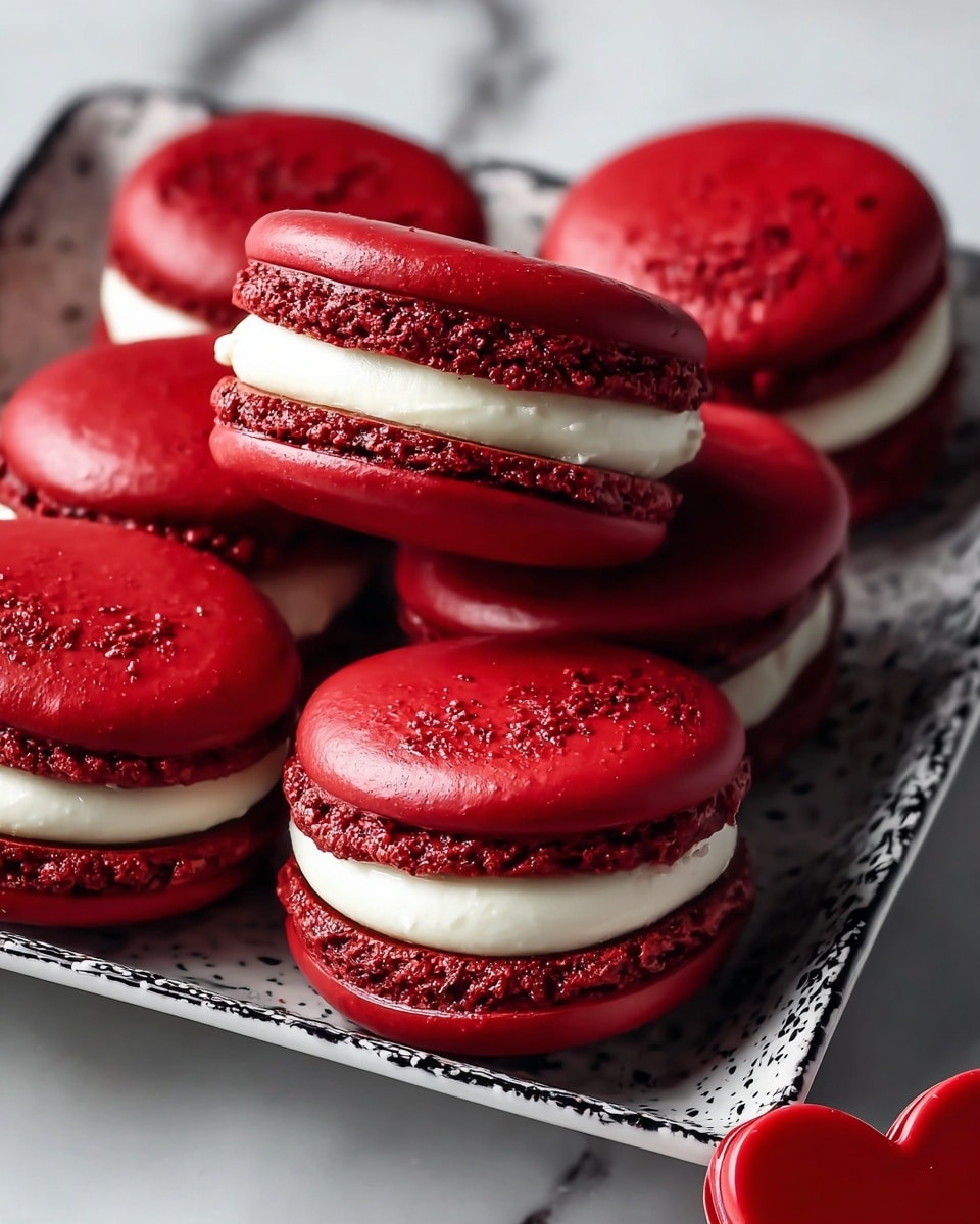 The image shows a close-up of seven shiny red macarons arranged on a white plate with a slightly worn black square tray. Each macaron has two smooth, rounded dark red shells with a crisp texture and tiny holes near the edges. Inside, there is a thick layer of creamy white filling, smooth and thick, sandwiched evenly between the red shells. The macarons sit closely together, showing their layers clearly, with the contrasting white filling standing out against the deep red color of the shells. A small red heart shape is visible in the bottom part of the tray. The whole scene is set on a white marbled surface. photo taken with an iphone --ar 4:5 --v 7