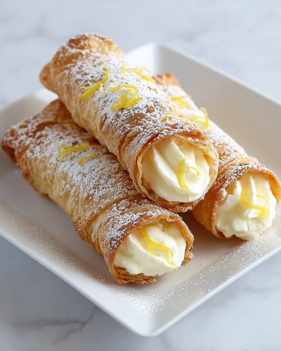 Three crispy light brown pastry tubes lie stacked on a square white plate placed on a white marbled texture. Each tube is filled with a creamy white filling that just slightly bulges from the open ends, topped with small strands of bright yellow lemon zest. The pastry shells are dusted evenly with a fine layer of powdered sugar, adding a soft snowy look to the golden, flaky surface. The image is clear and bright, emphasizing the smooth texture of the filling and the crumbly outer crust. Photo taken with an iphone --ar 4:5 --v 7