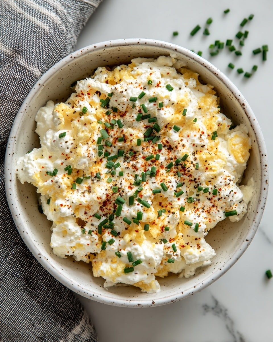 A bowl filled with three layers: at the bottom, small soft yellow chunks of egg, above it a thick white creamy layer that looks like cottage cheese or sour cream, lightly sprinkled on top with chopped green chives and a dusting of reddish-orange paprika and black pepper; the bowl is white with a grayish speckled pattern and sits on a white marbled surface, a striped cloth is partly visible beside it. Photo taken with an iphone --ar 4:5 --v 7